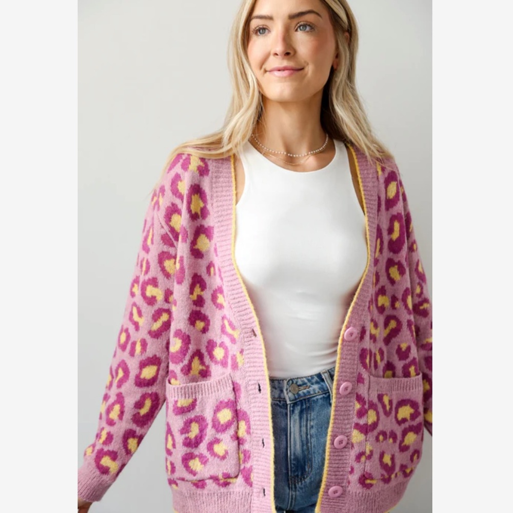 Hudson Gray Wool Blend Button Pink/Purple Cardigan with Yellow Leopard Size M
